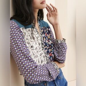 Anthropologie Purple and White Button Down Shirt with Mandarin Collar